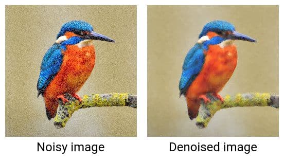 Noisy image contrasted with a denoised image