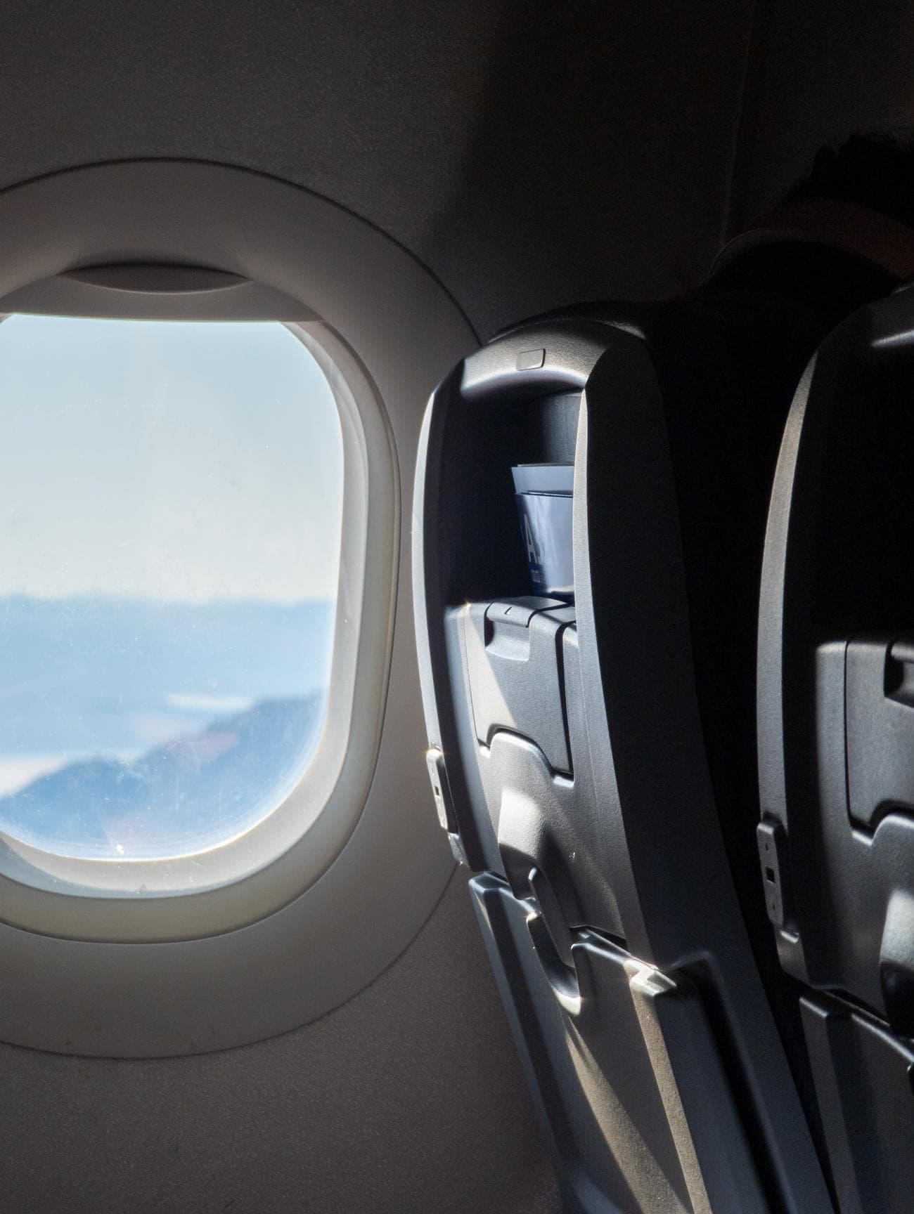 A RAW photo file showing an airplane window and seat, edited to change its Saturation.