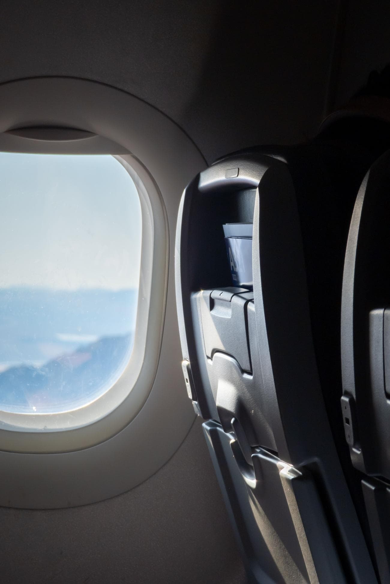 A RAW photo file showing an airplane window and seat, edited to add a vignette effect.