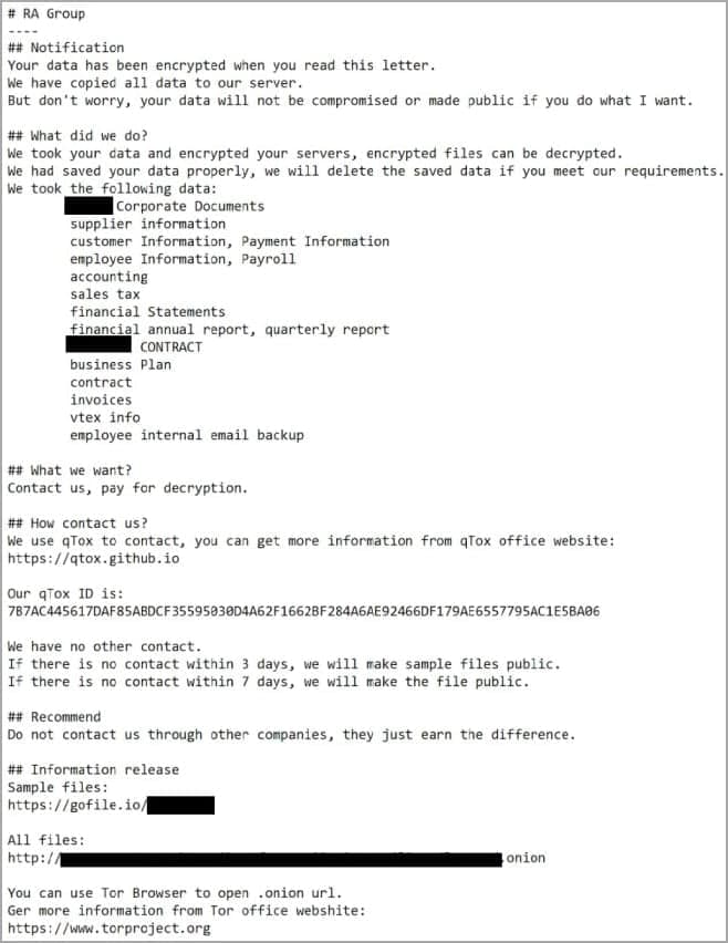 Δείγμα σημείωσης λύτρων του Ομίλου RA