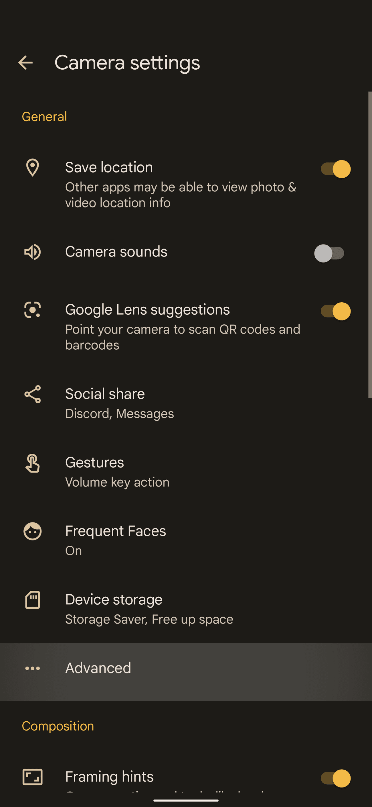 Camera settings on a Google Pixel phone.