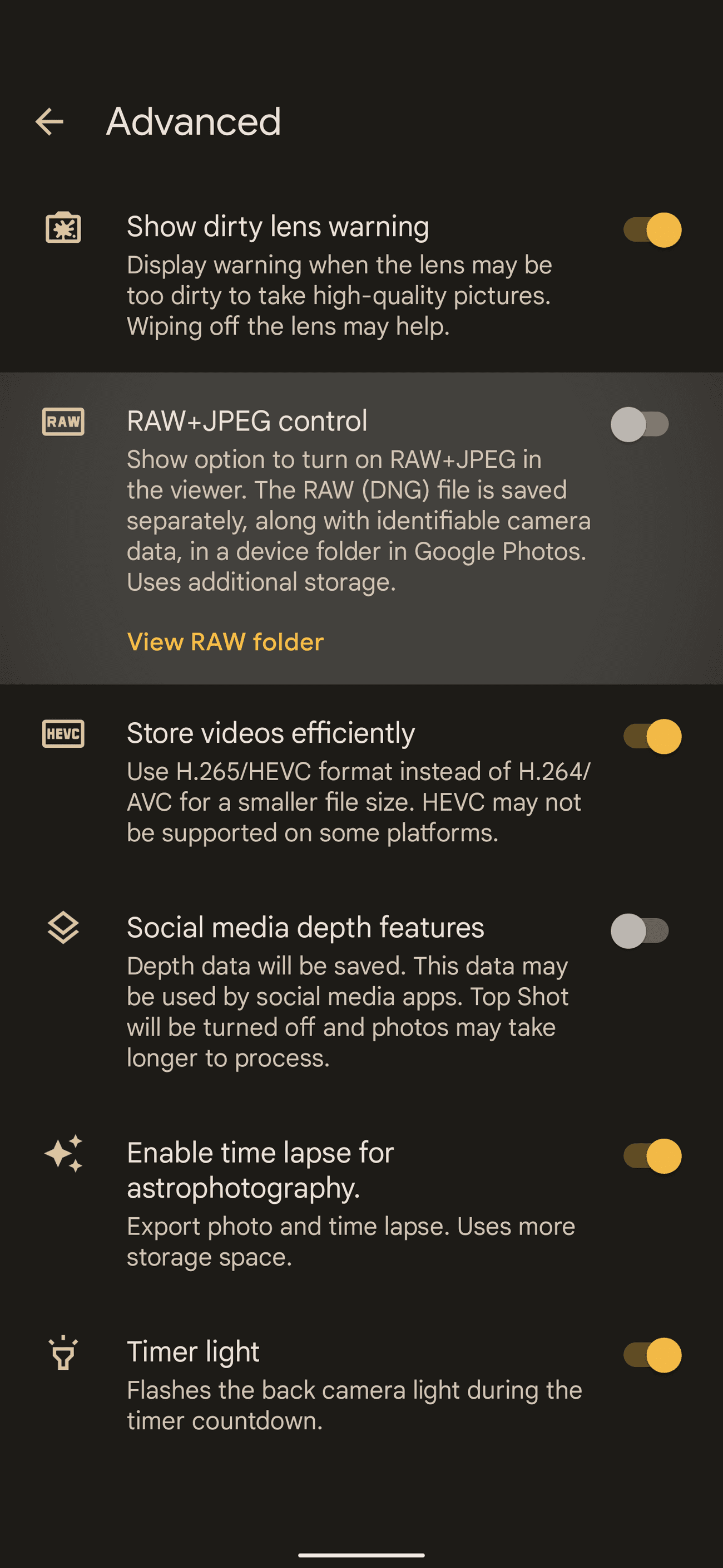 Camera settings on a Google Pixel phone.