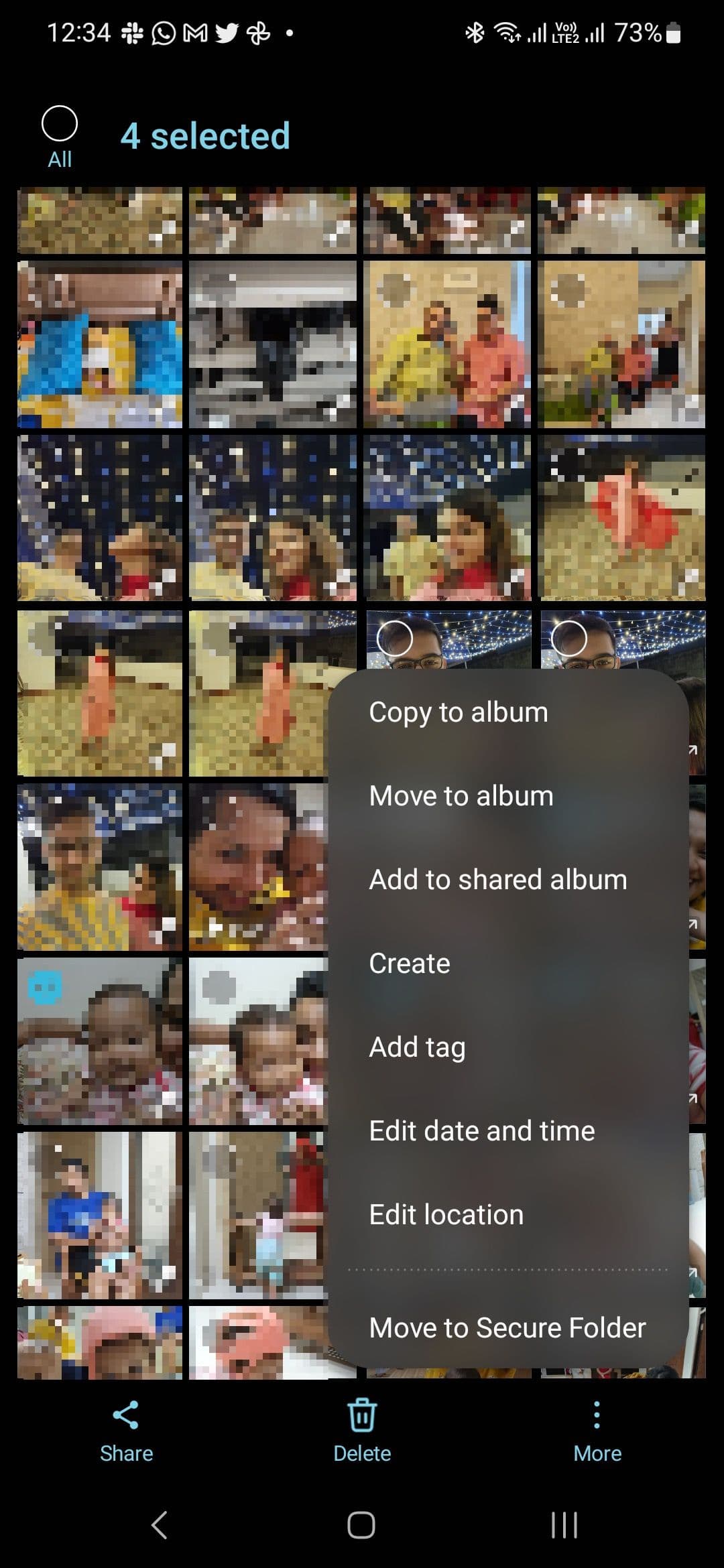 Selected images in an album in the Samsung Gallery app with the more menu open