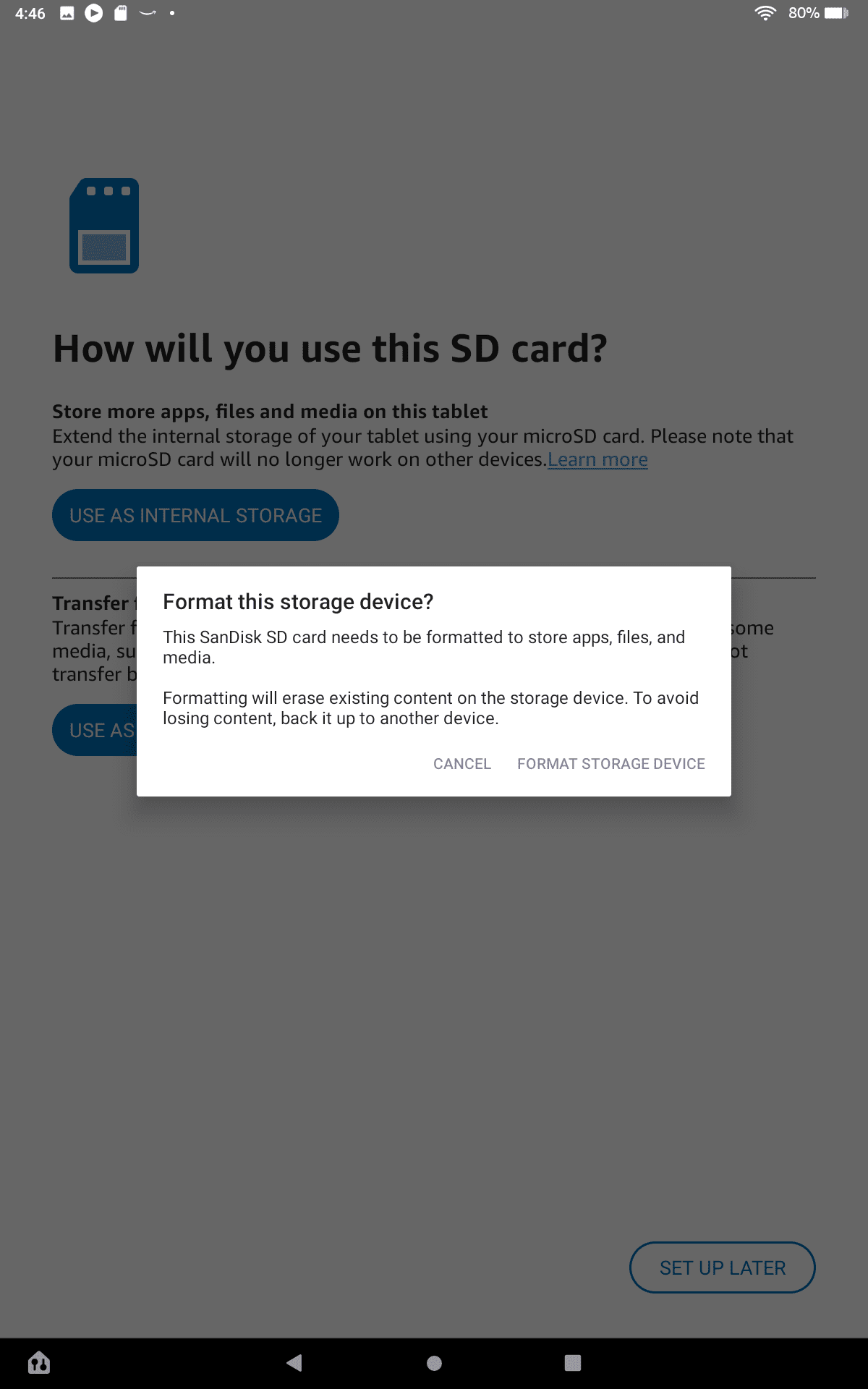 Amazon Fire requesting permission to format the SD card.