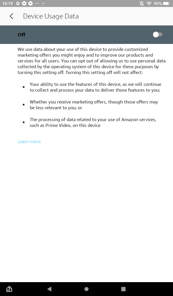 Τα δεδομένα χρήσης συσκευής απενεργοποιήθηκαν στις ρυθμίσεις Fire OS.