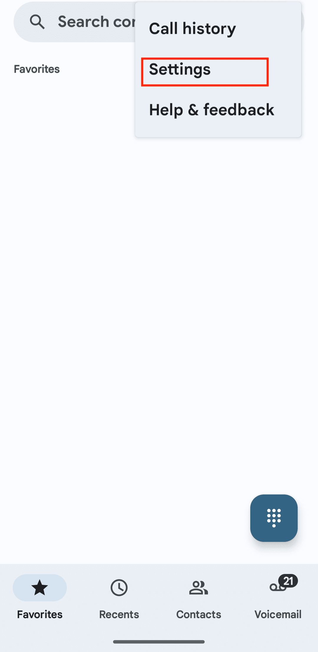 Η επιλογή Ρυθμίσεις επισημαίνεται στην εφαρμογή Phone by Google