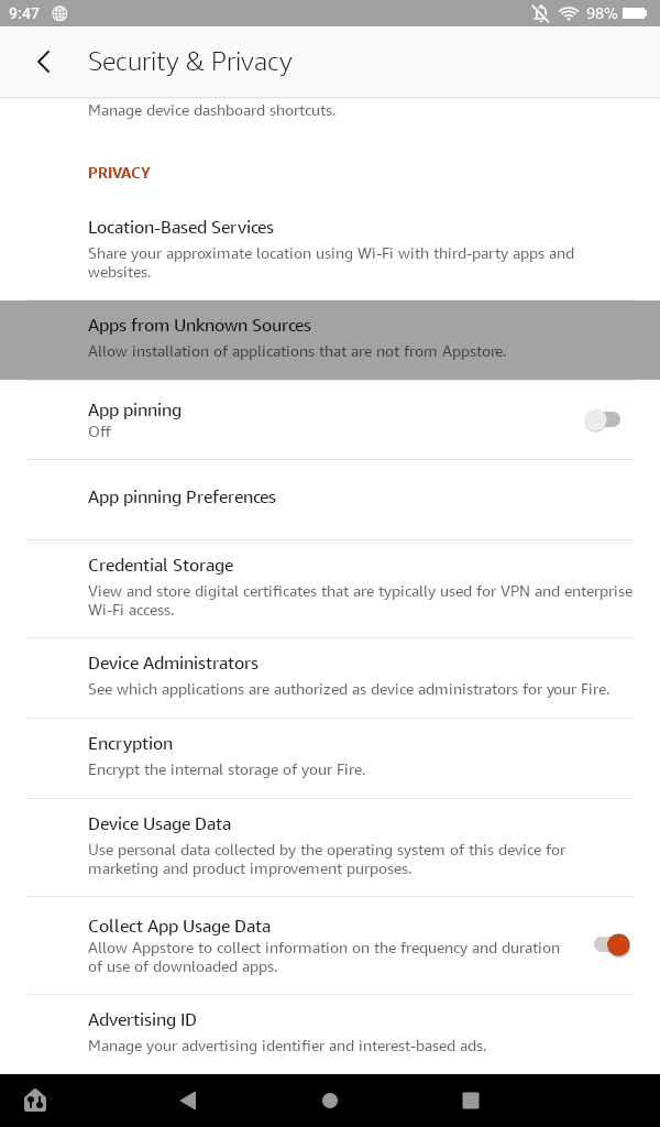 Amazon Fire 7 settings menu with Apps from Unknown Sources highlighted