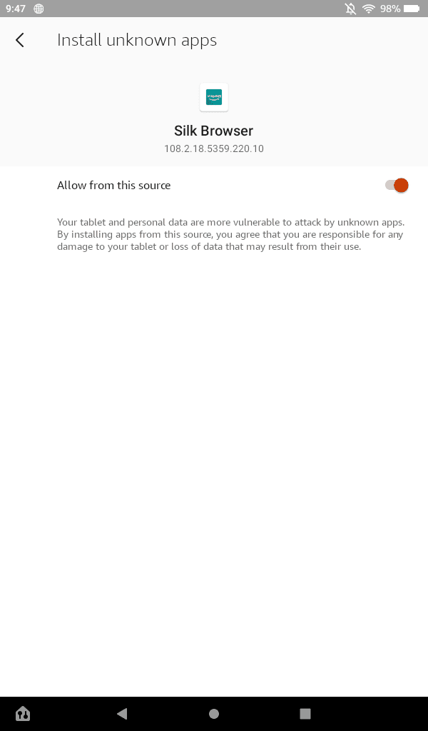 Toggling on Install unknown apps for the Silk Browser