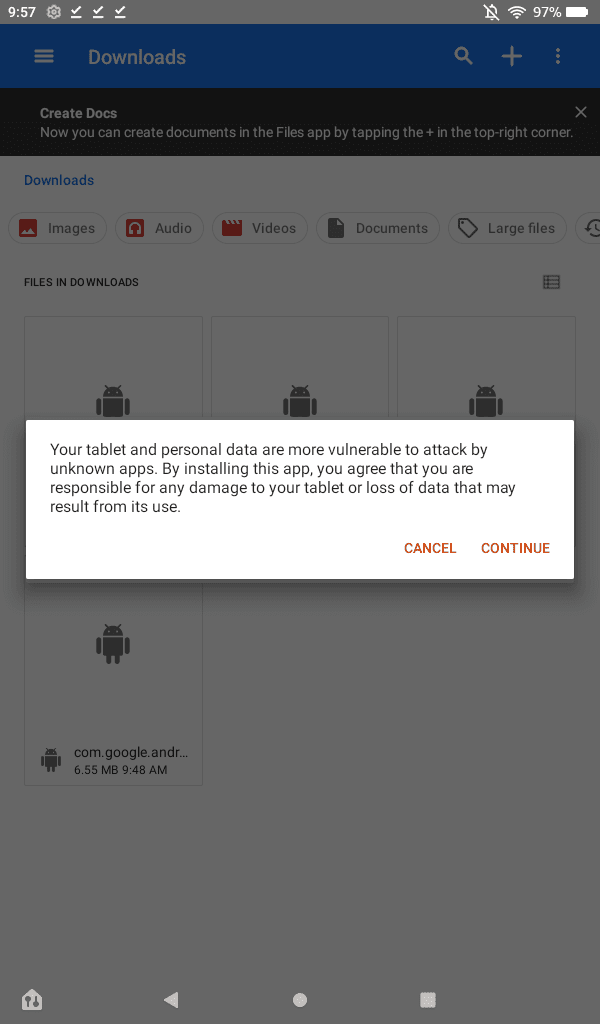 A warning before installing APKs on Amazon Fire 7