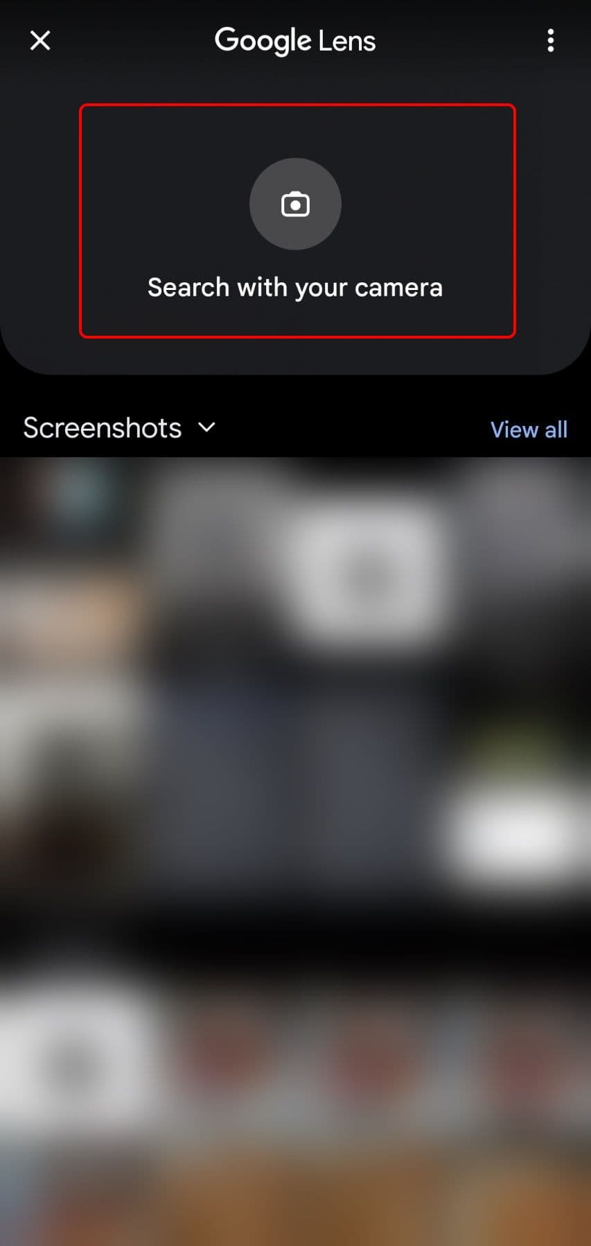 οθόνη έναρξης της εφαρμογής φακού google με την αναζήτηση με τονισμένο το τμήμα της κάμερας