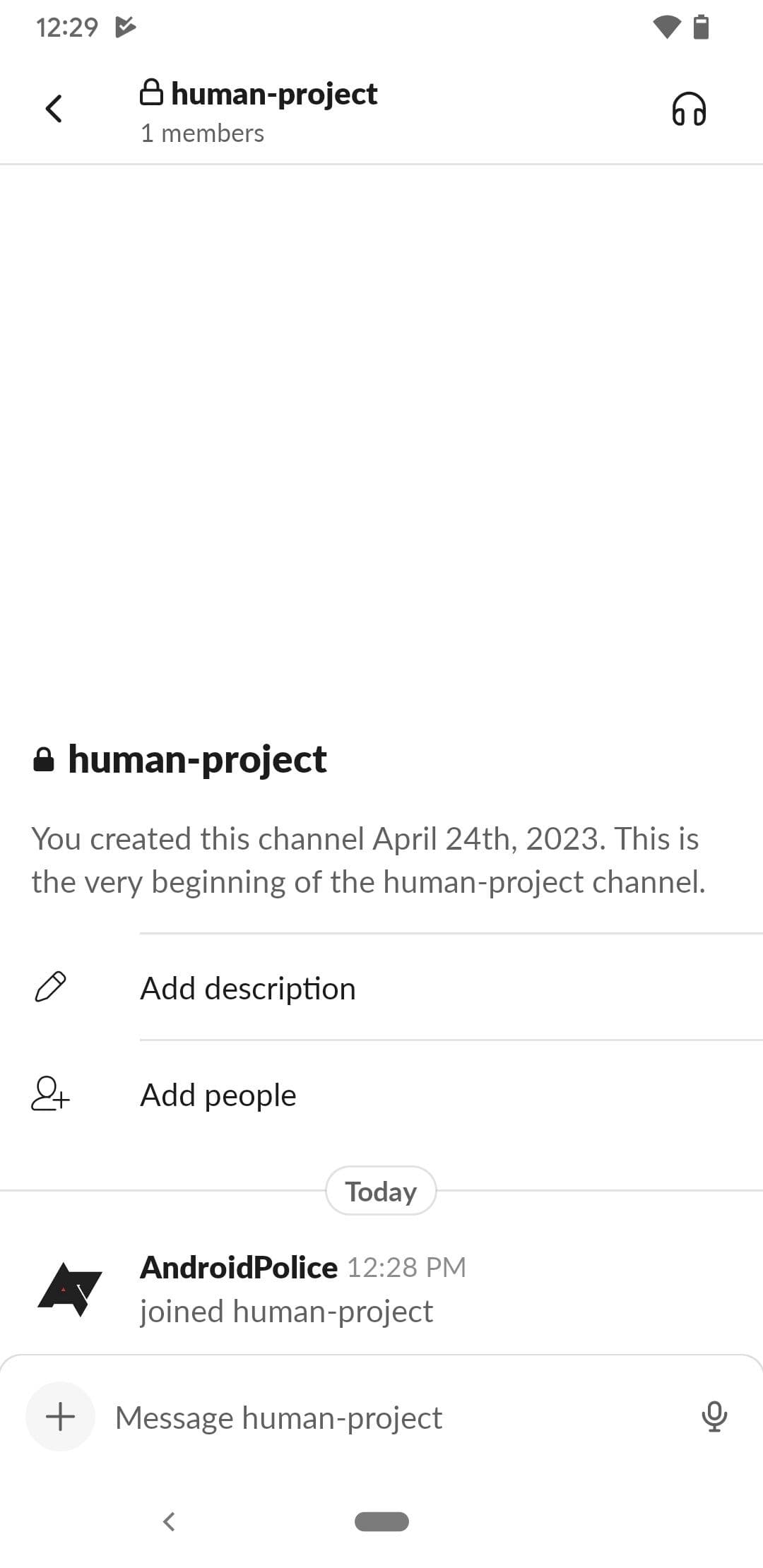 Slack στιγμιότυπο οθόνης εφαρμογής Android που δείχνει νέο κανάλι
