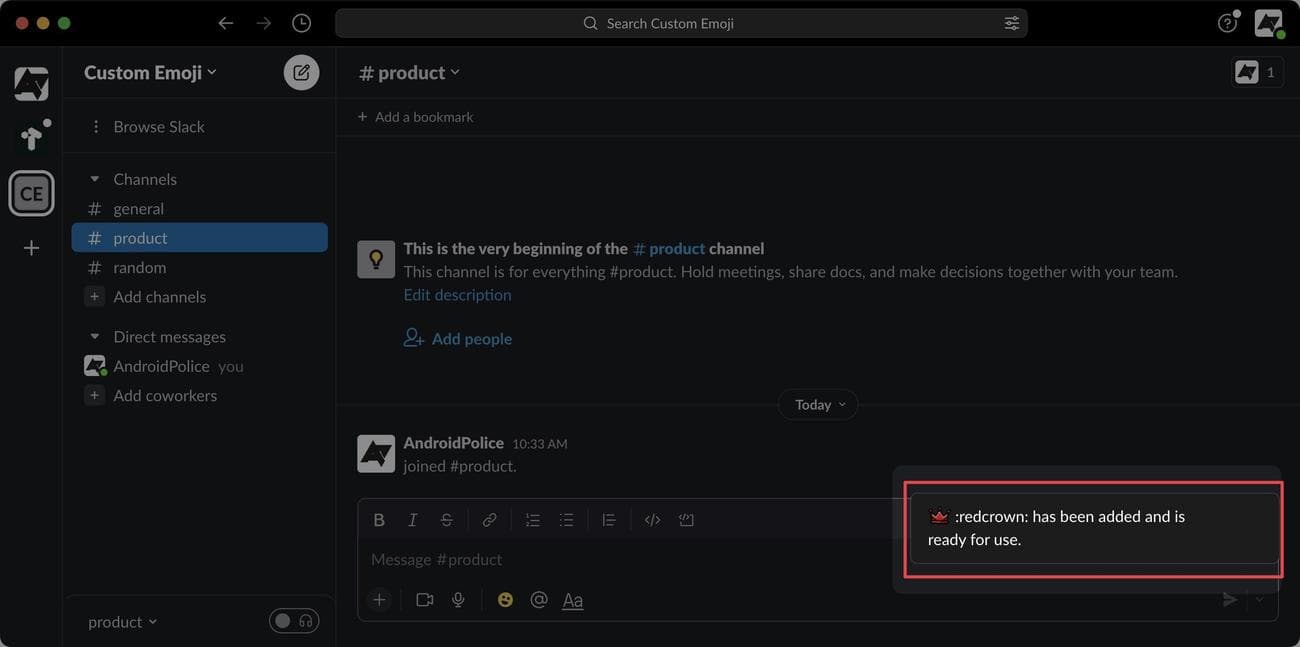 Το χαλαρό προσαρμοσμένο emoji προστέθηκε στιγμιότυπο οθόνης μηνύματος επιβεβαίωσης