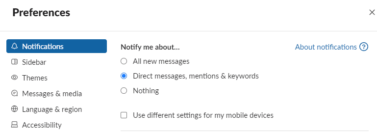 Χαλαρώστε για επιτραπέζιους υπολογιστές, επιλέξτε Άμεσα μηνύματα, αναφορές και λέξεις-κλειδιά