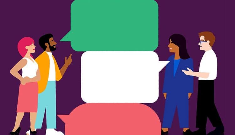 Illustration of four people with three chat bubbles set against a purple background