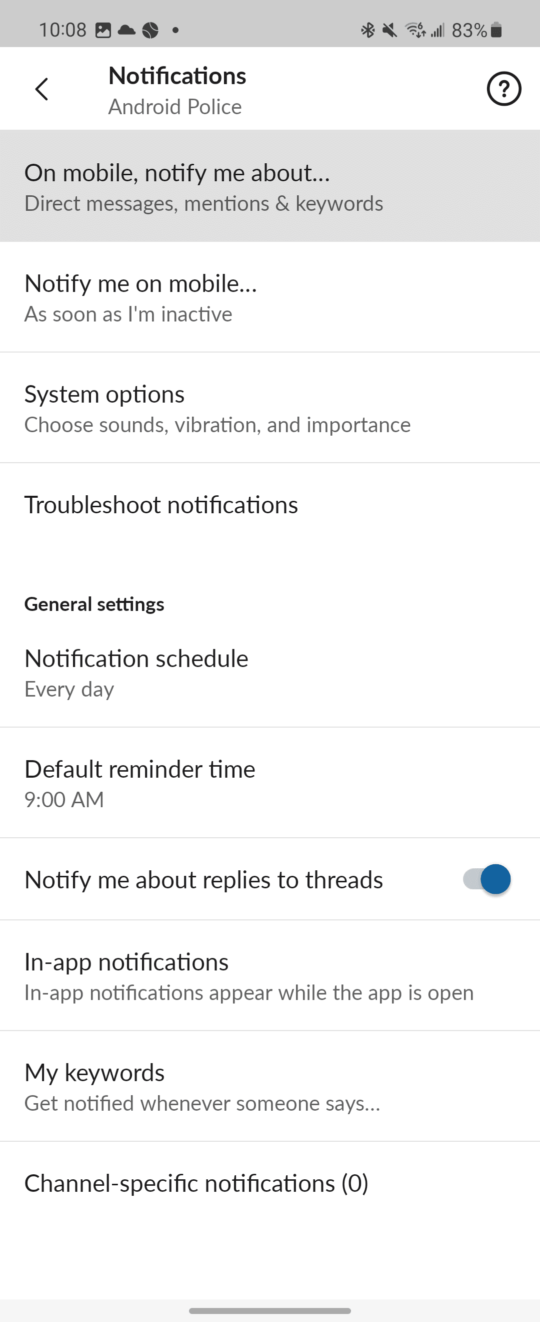Ρυθμίσεις Slack Notifications με On mobile, notify me about... επισημασμένες