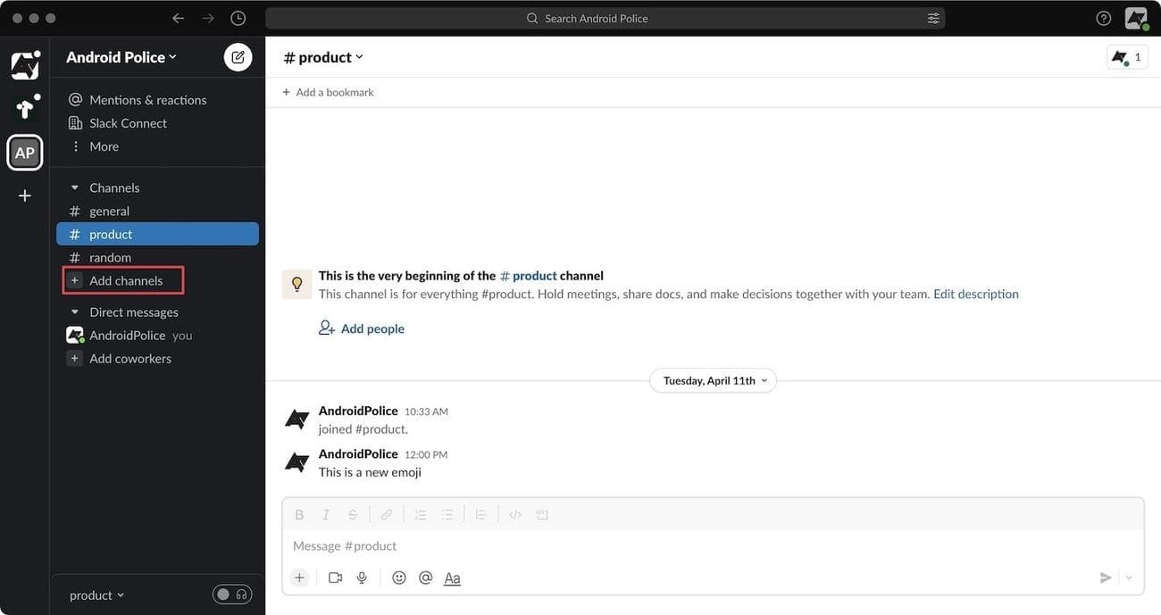 Χαλαρό στιγμιότυπο οθόνης που δείχνει το κουμπί προσθήκης καναλιών