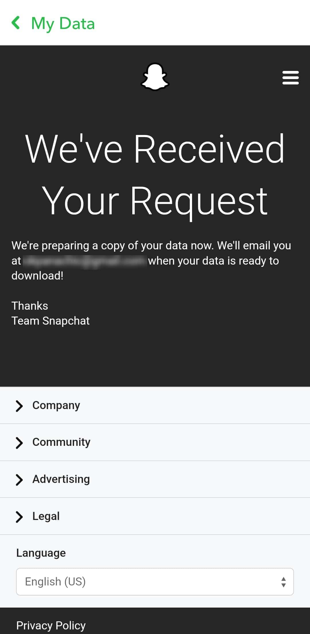 Μήνυμα επιβεβαίωσης αιτήματος δεδομένων Snapchat
