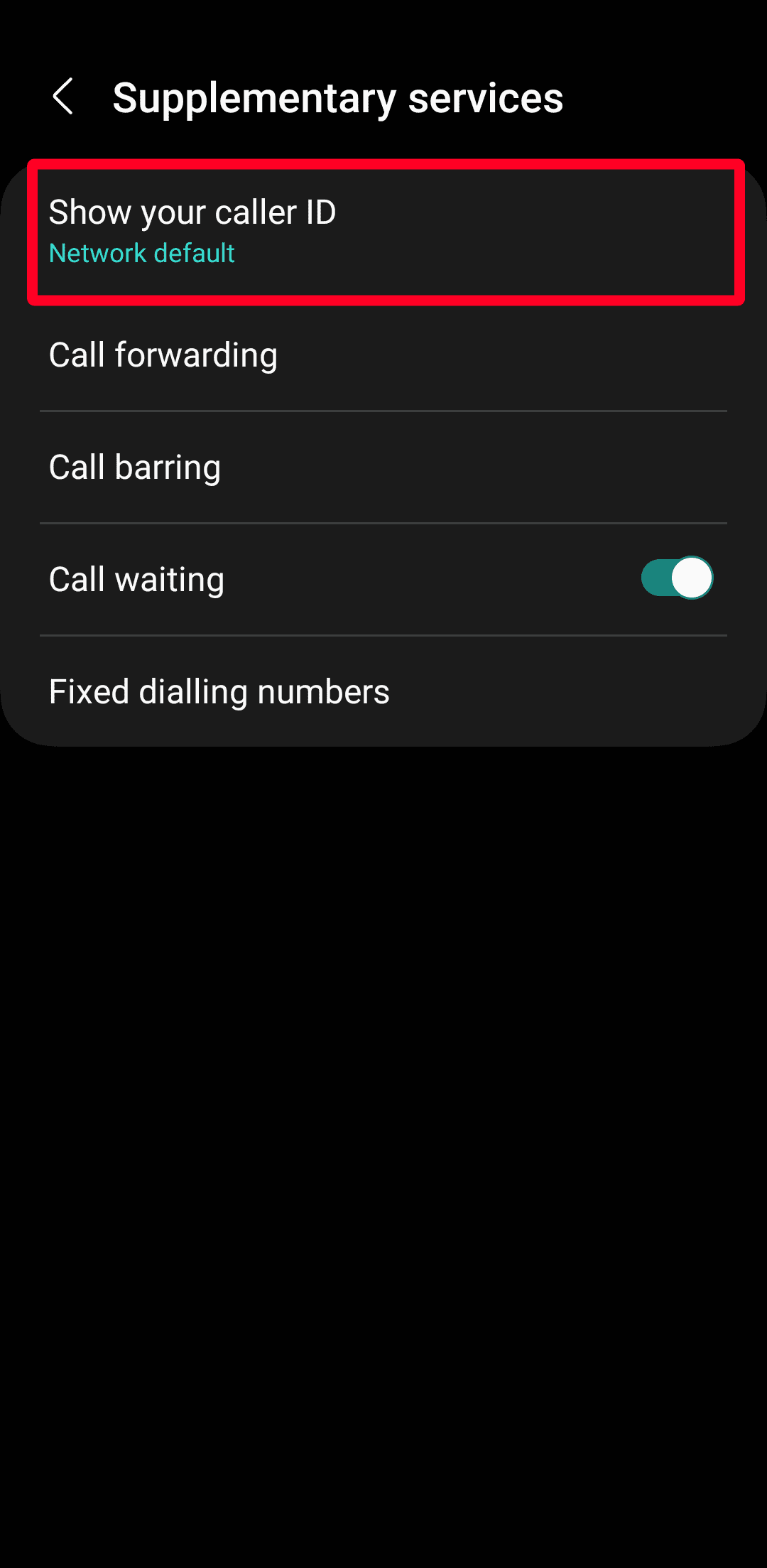 Μενού συμπληρωματικών υπηρεσιών Samsung Galaxy που επισημαίνει την επιλογή Εμφάνιση αναγνώρισης κλήσης