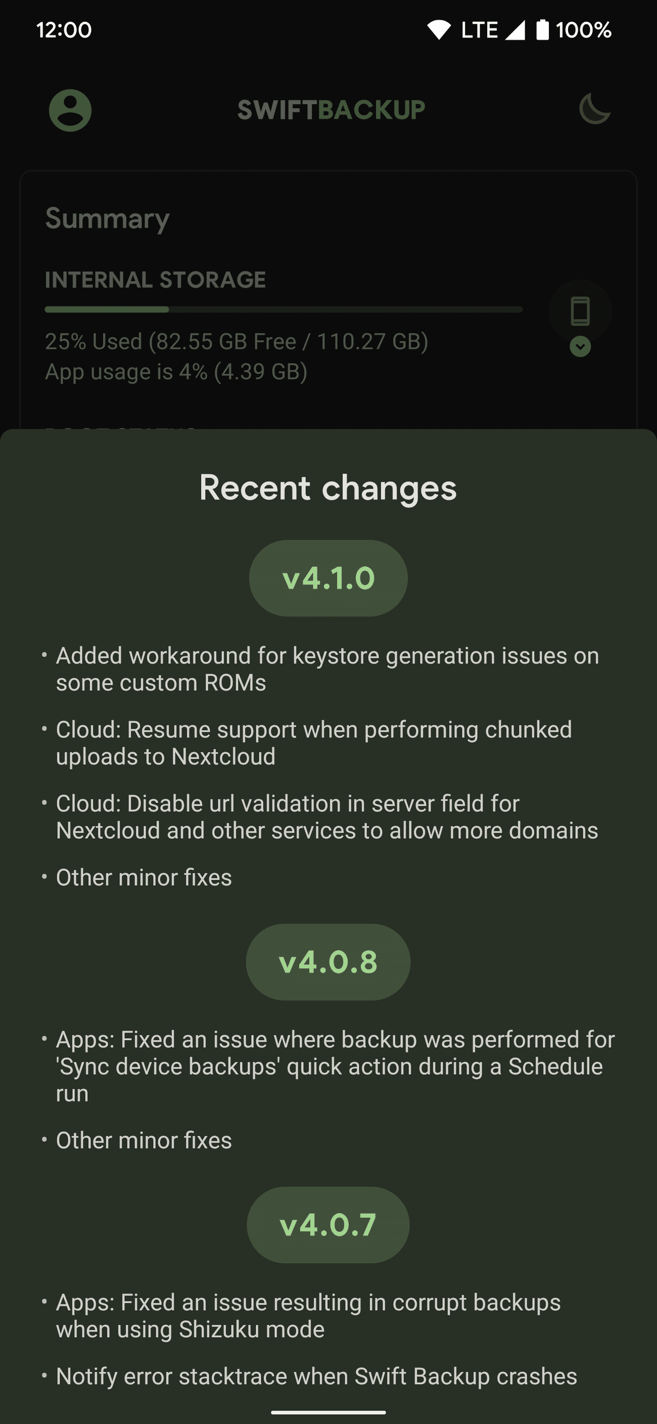 Η σελίδα Πρόσφατες αλλαγές που εμφανίζεται όταν ανοίγετε το Swift Backup για πρώτη φορά