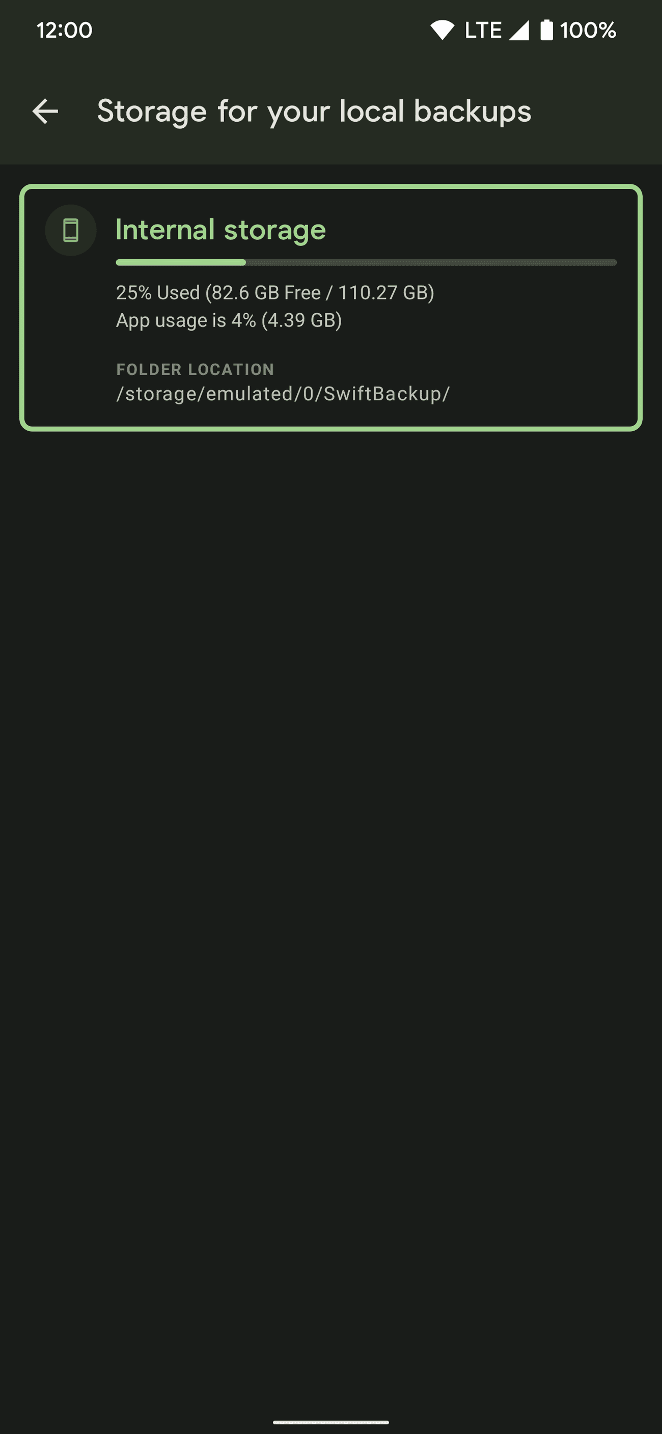 Εμφάνιση της προεπιλεγμένης τοποθεσίας όπου το Swift Backup αποθηκεύει τοπικά τα αντίγραφα ασφαλείας της εφαρμογής