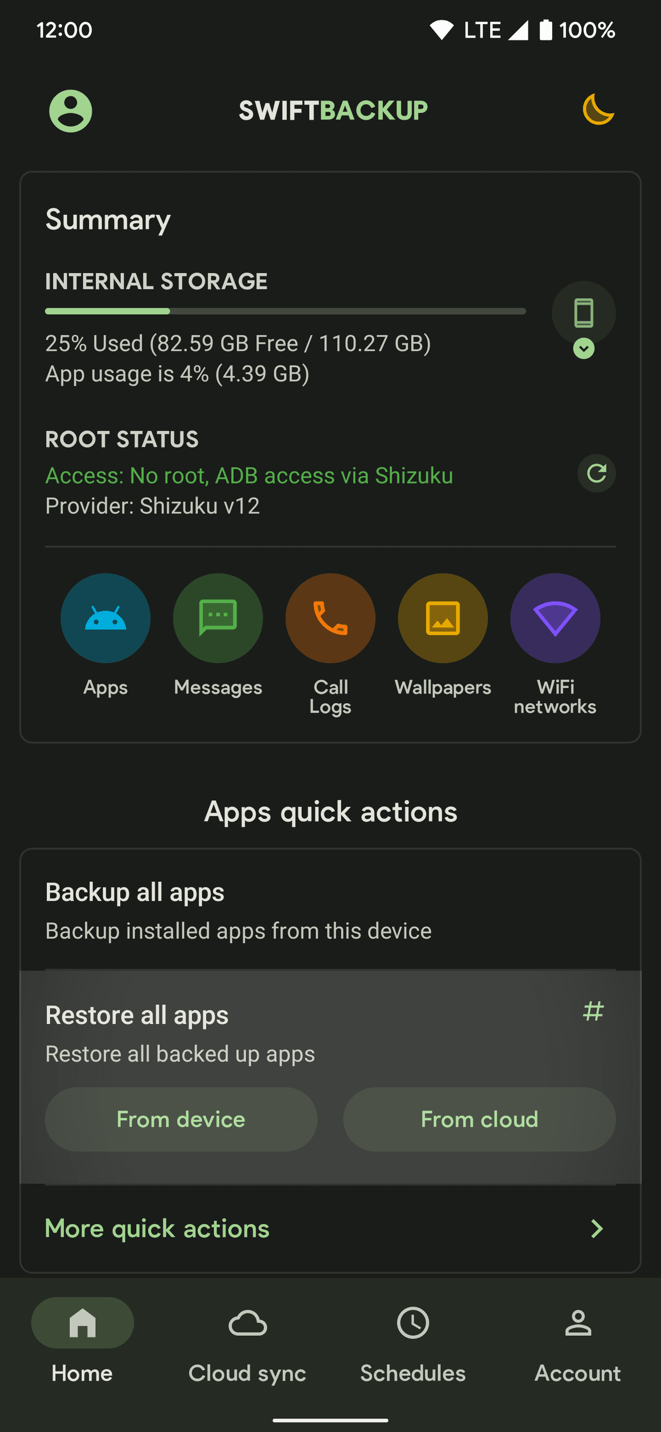 Επισήμανση της επιλογής Επαναφορά όλων των εφαρμογών στην εφαρμογή Swift Backup