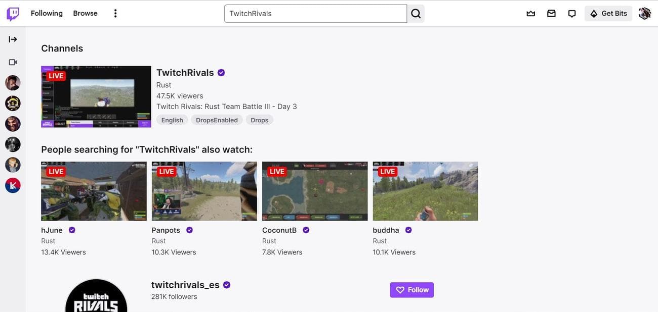 Στιγμιότυπο οθόνης της γραμμής αναζήτησης της αρχικής σελίδας του Twitch στο Google Chrome