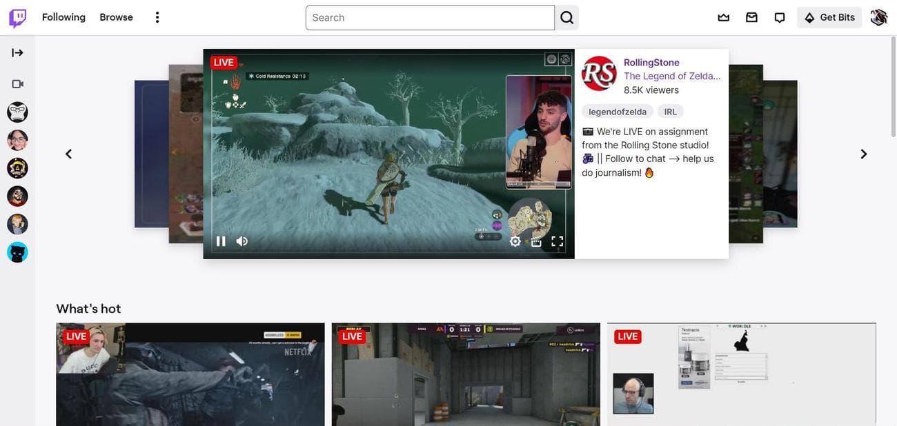 Στιγμιότυπο οθόνης της αρχικής σελίδας του Twitch μετά τη σύνδεση στο Twitch στο Google Chrome