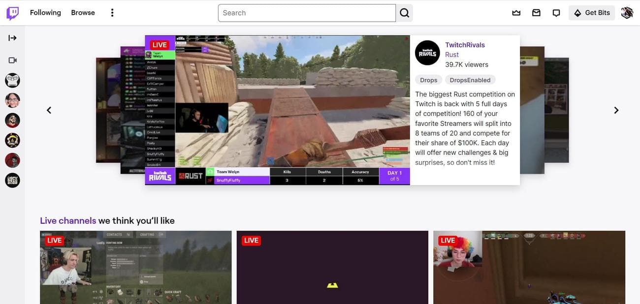 Στιγμιότυπο οθόνης της αρχικής σελίδας του Twitch στο Google Chrome