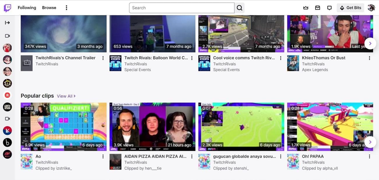 Στιγμιότυπο οθόνης της σελίδας βίντεο του καναλιού Twitch στο Google Chrome