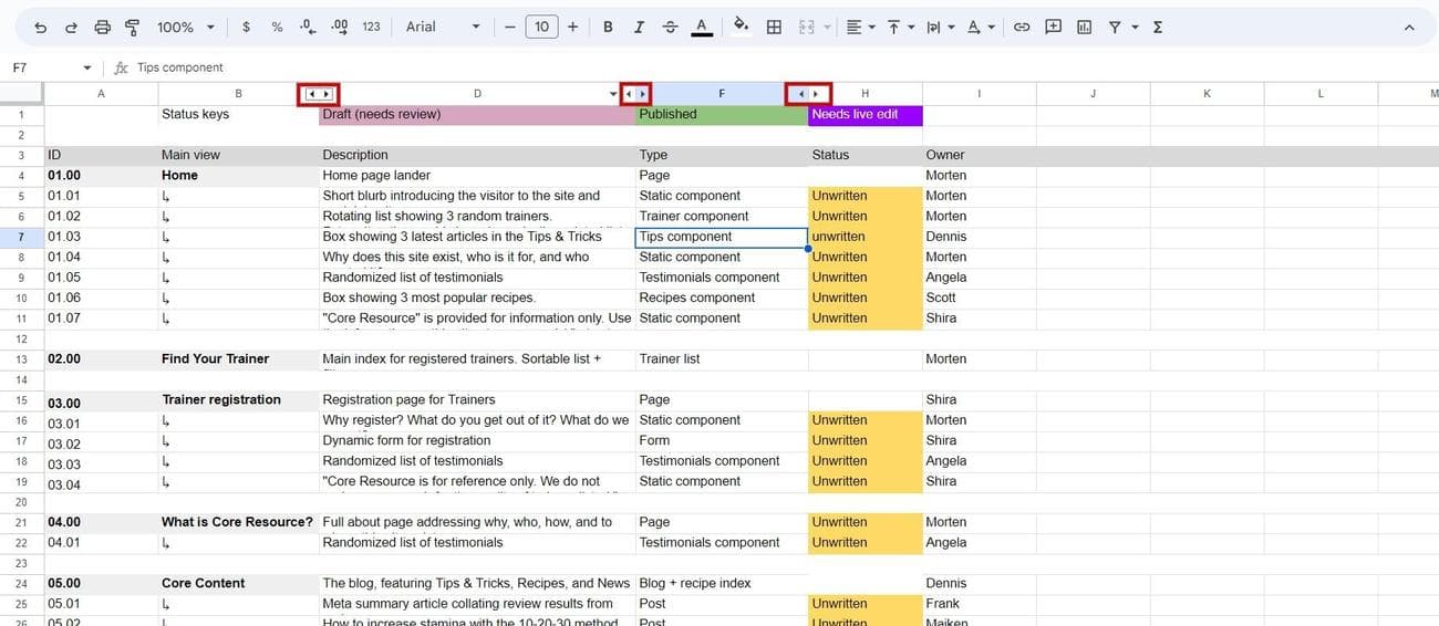 Κατάργηση απόκρυψης στήλης στα Φύλλα Google