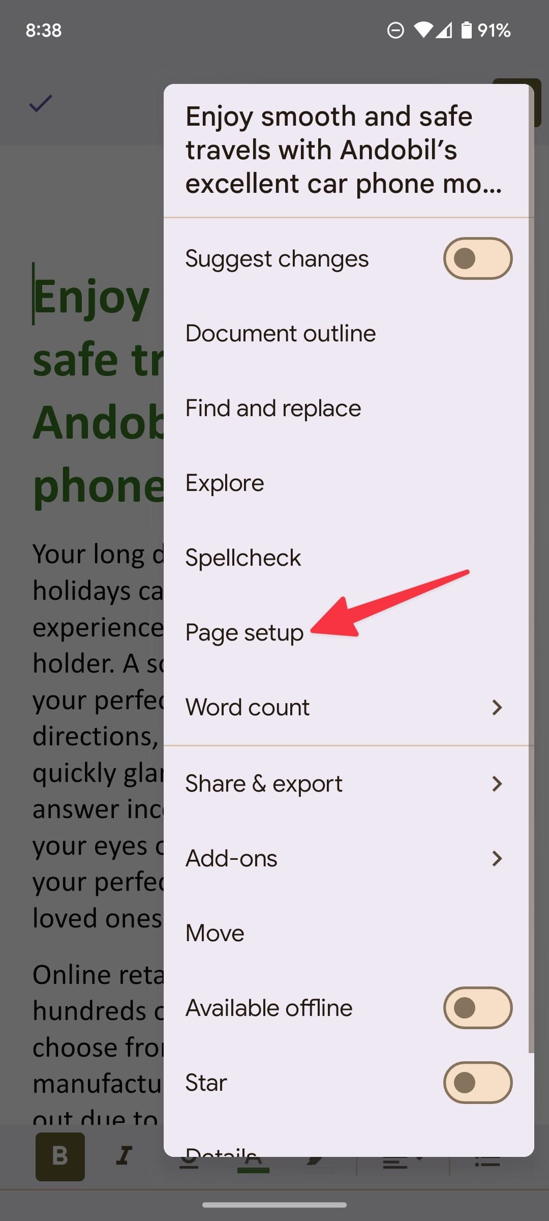 επιλέξτε ρύθμιση σελίδας στα Έγγραφα Google