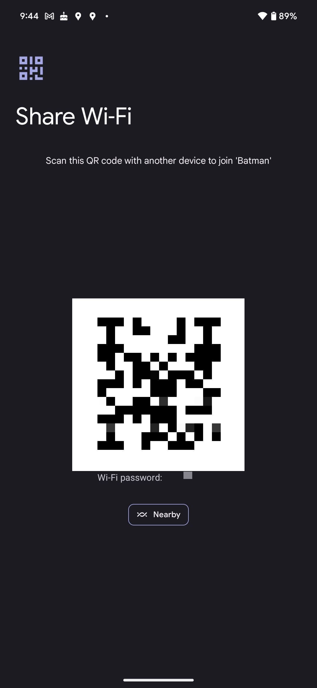 Κωδικός QR Wi-Fi που δημιουργήθηκε σε Google Pixel για κοινή χρήση κωδικού πρόσβασης 