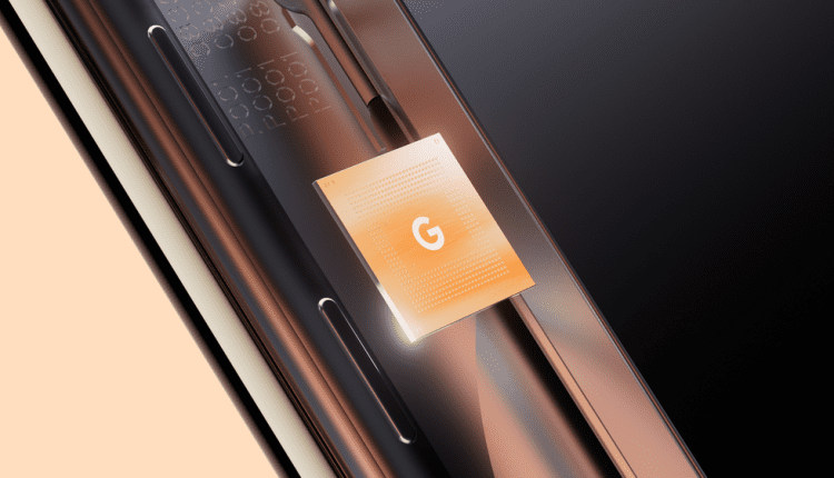 Render of Google Tensor G2 chipset with metallic object in background