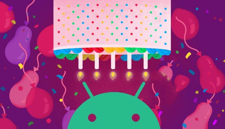 An illustration with a pink upside down cake and the green Android mascot against a red and purple background.
