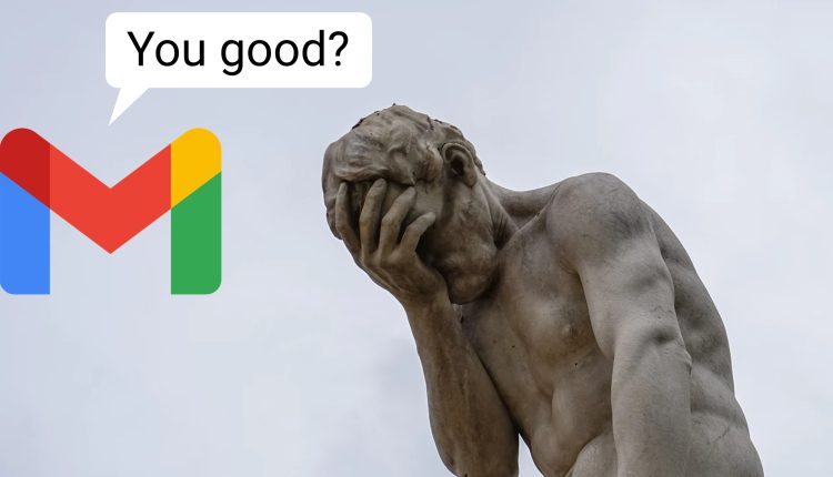 A statue in dispair with the gmail logo asking the statue if it's alright