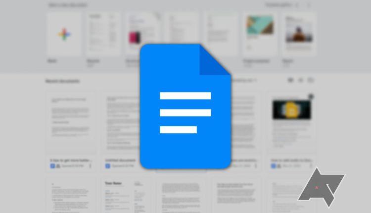 Image shows the Google Docs icon over a blurred screenshot of the Google Docs main page. Many previously made documents display in the background.