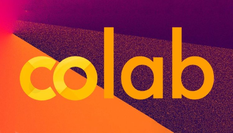 The Google Colab logo against an orange, purple, and red background.