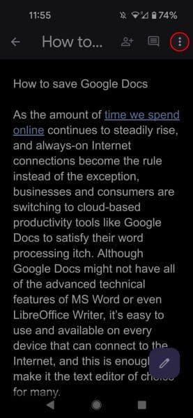 Έγγραφα Google για κινητά που επισημαίνουν το μενού υπερχείλισης με 3 κουκκίδες