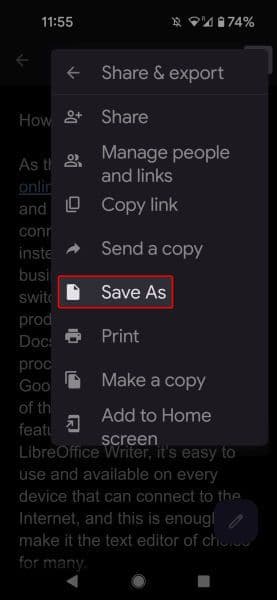 Μενού Κοινή χρήση & Εξαγωγή για κινητά Έγγραφα Google που επισημαίνει την επιλογή Αποθήκευση ως
