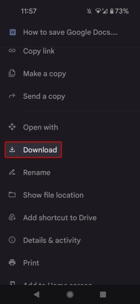 Μενού υπερχείλισης για κινητά του Google Drive επισημαίνοντας την επιλογή Λήψη