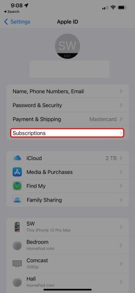 Μενού προφίλ iPhone που επισημαίνει την επιλογή Συνδρομές