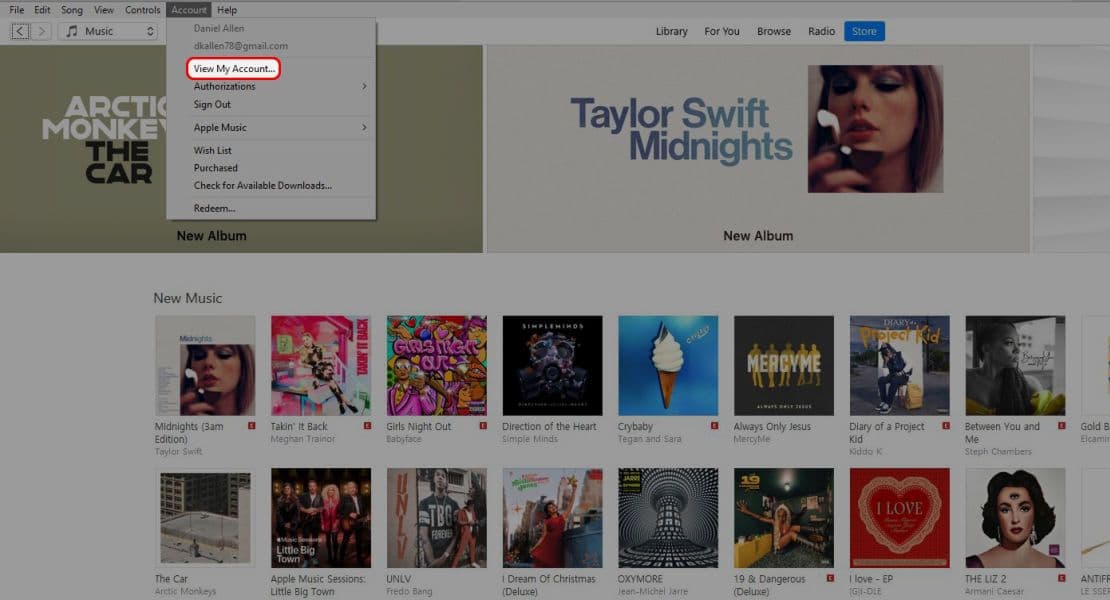 Μενού iTunes Account επισημαίνοντας την επιλογή View My Account
