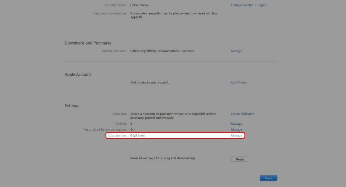 Το μενού iTunes View My Account επισημαίνει τις τρέχουσες συνδρομές