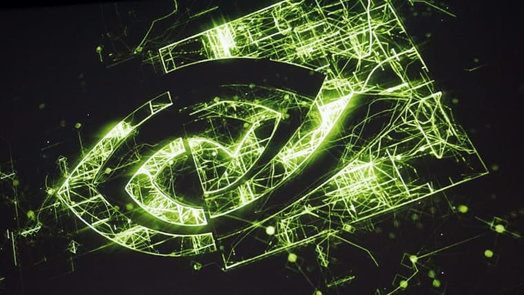 Green electronic Nvidia logo on a dark background