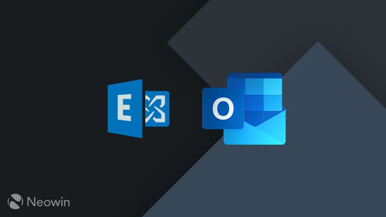 Microsoft Exchange logo blue and Microsoft Outlook logo blue on dark grey background