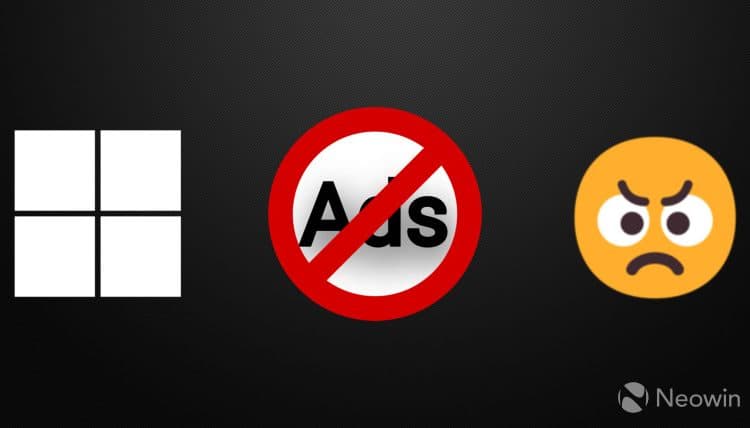 Circular sign with ads written on it and a slash across it angry emoji on the right and Windows 11 l