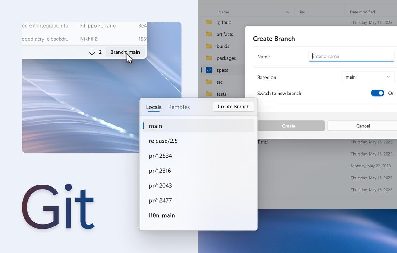 Ένα στιγμιότυπο οθόνης των νέων δυνατοτήτων Git στην εφαρμογή Files