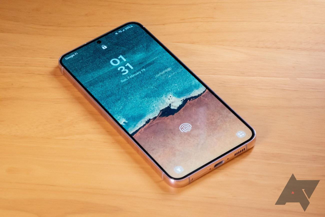 A Samsung Galaxy S23+ sitting face-up on a desk.