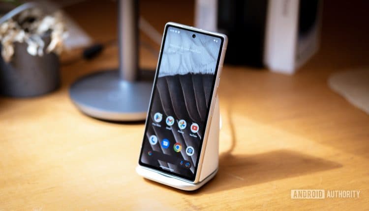 Google Pixel 7a Pixel Stand angled above - The best cheap phones