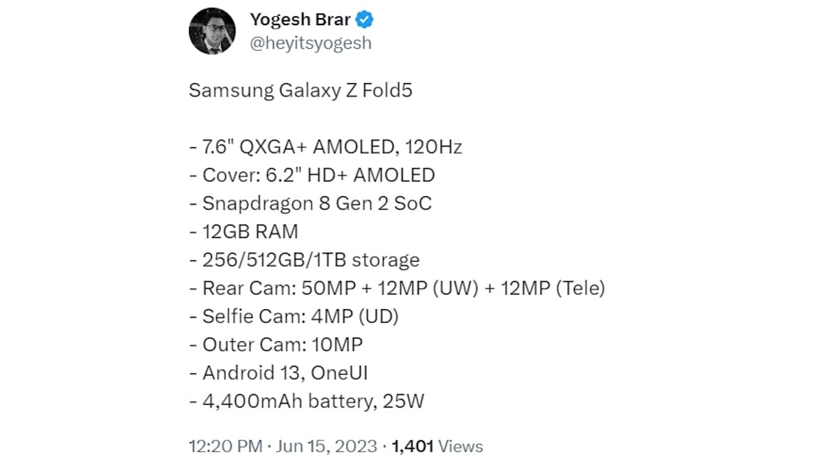 Διαρροή προδιαγραφών Samsung Galaxy Z Fold 5 Yogesh Brar